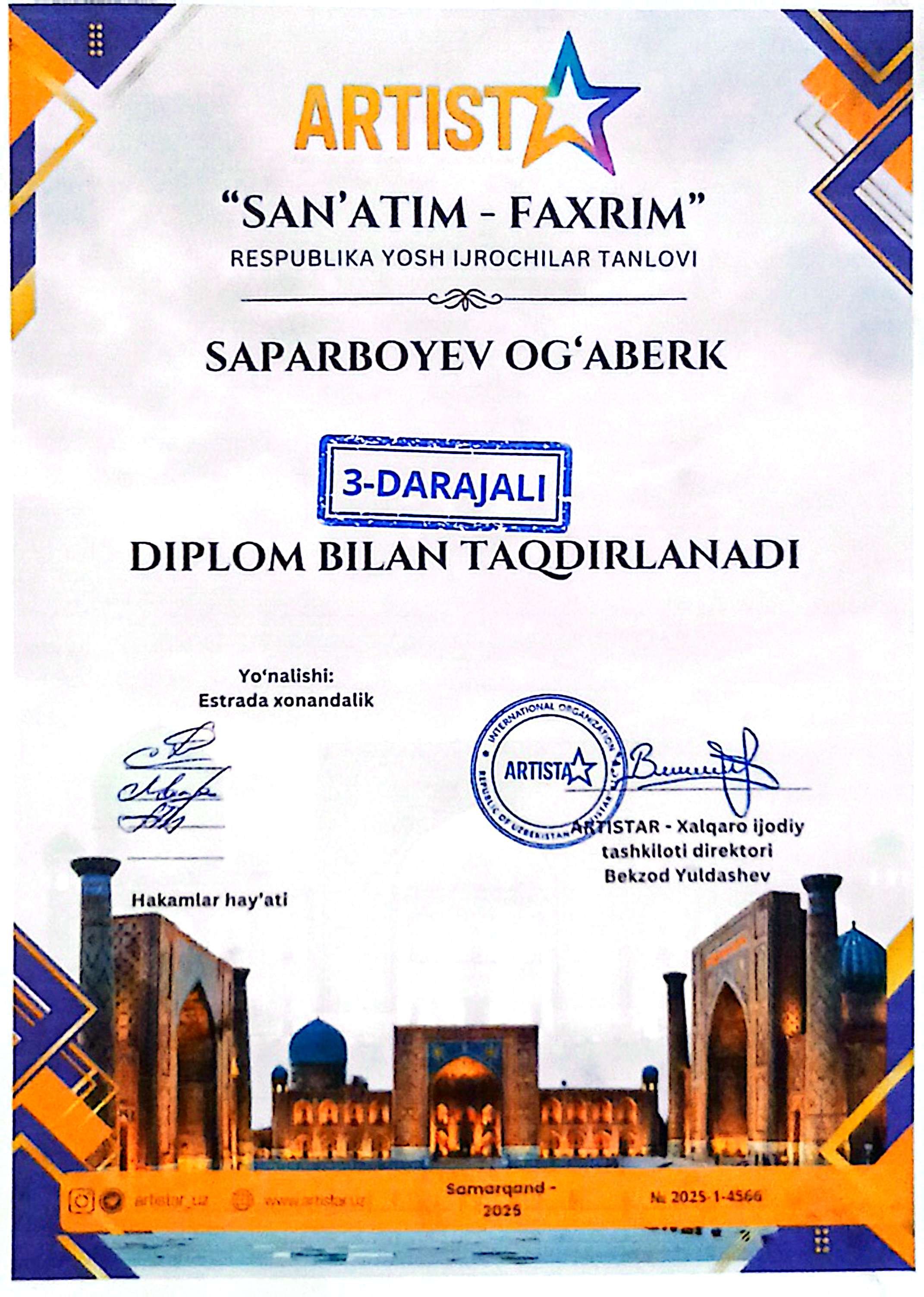 "San`atim -Faxrim" Respublika yosh ijrochilar tanlovi